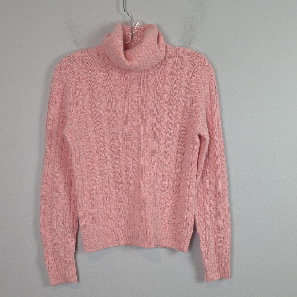 J Crew Pink Wool Cashmere Cable Knit Turtleneck Sweater